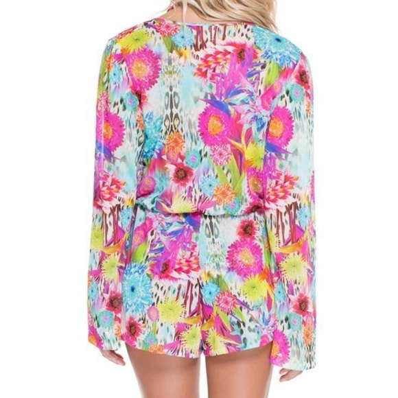 Luli Fama Sheer Floral Long Fan Sleeve Romper - Picture 2 of 9